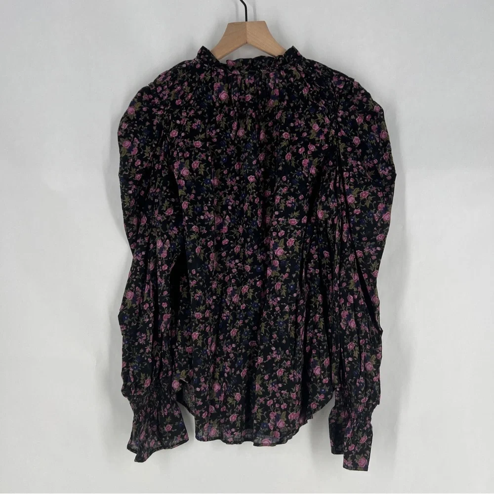 Free People Meant To Be Black Floral Print‎ Full Mutton Sleeve Peasant Blouse M